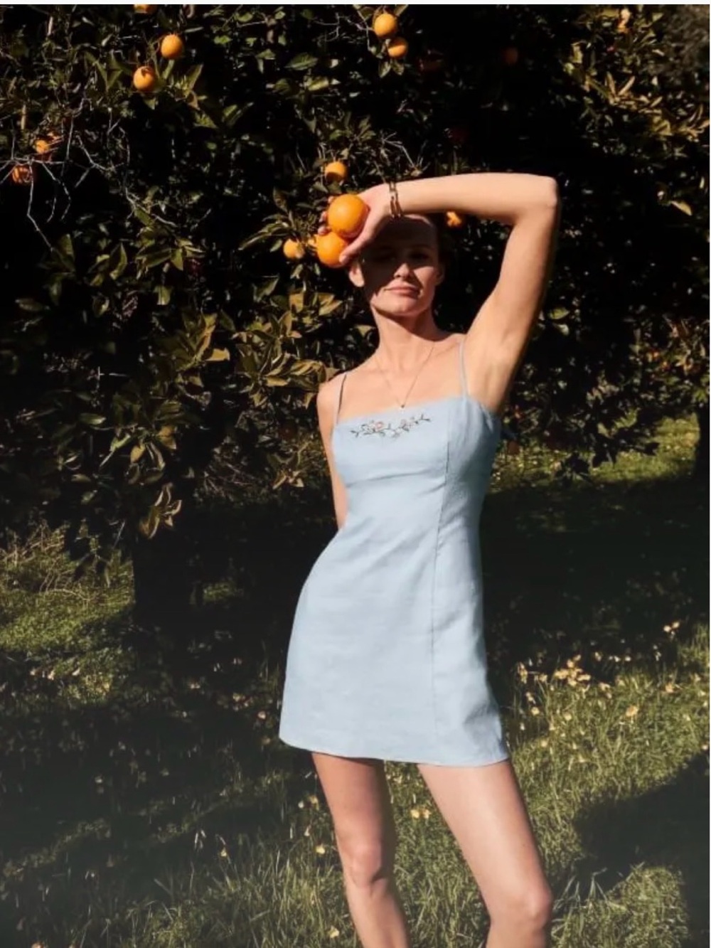 Reformation Light Blue Spaghetti Strap Mini Dress with Embroidered Bust
